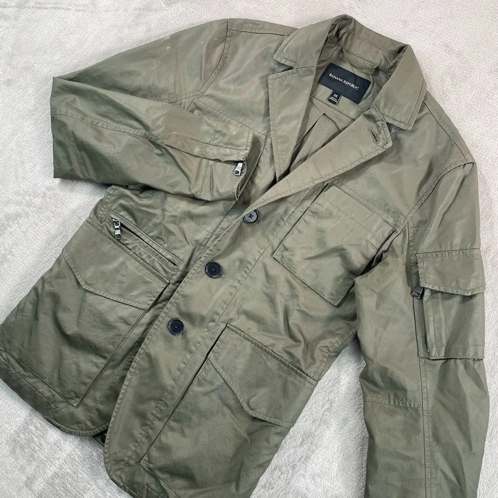 Banana Republic Olive Blazer Jacket Men XS Seaweed Utility Safari Hybrid Zip Up